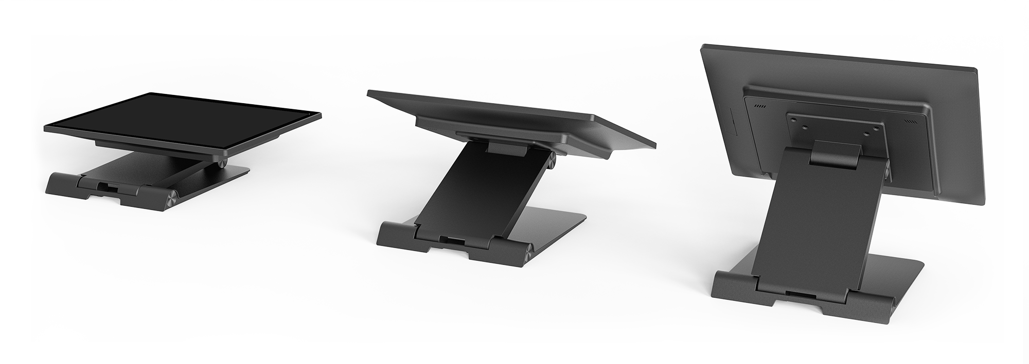 Touch monitor dual-hinge stand — tilt and fold